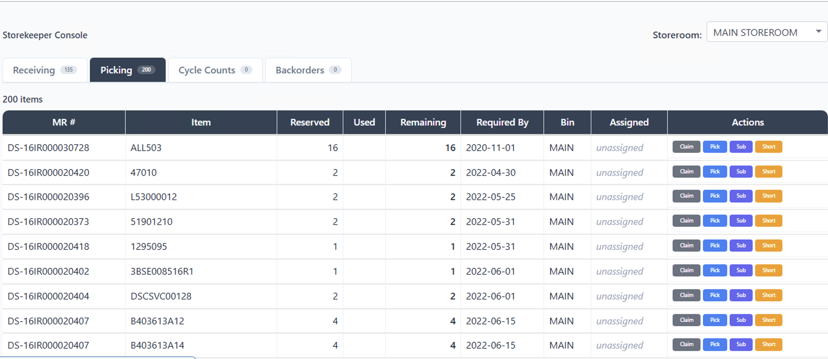 Storekeeper Console showing the picking queue