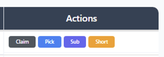 Action buttons: Claim, Pick, Sub, Short