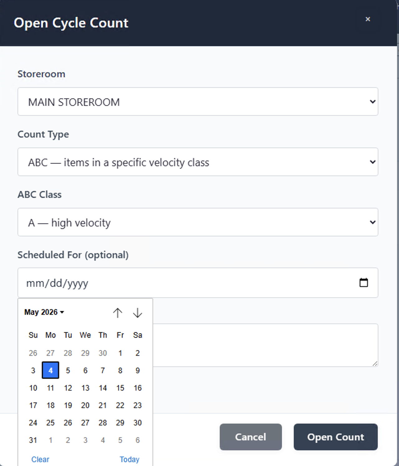 Open Cycle Count dialog with ABC classification