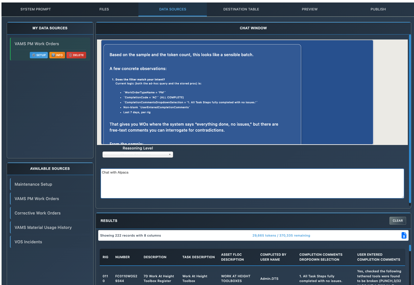 Custom Chat Builder interface for building queries
