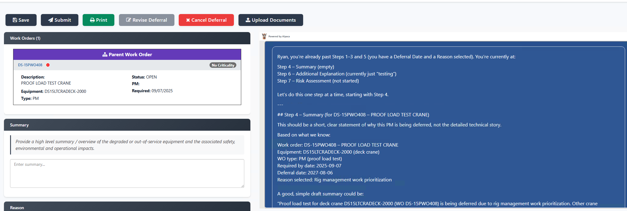Deferral AI Helper guiding a user through the process